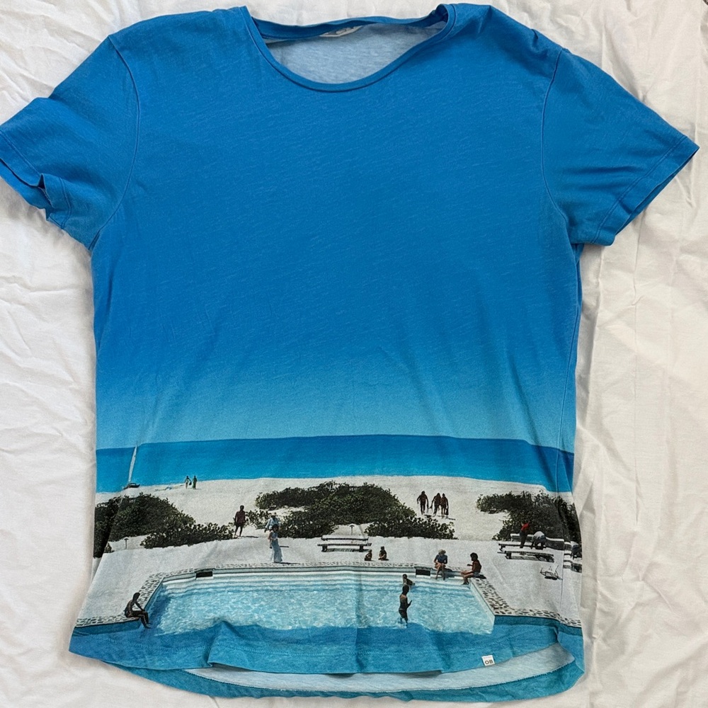 Orlebar Brown Blue Beach Scene Short Sleeve Tee